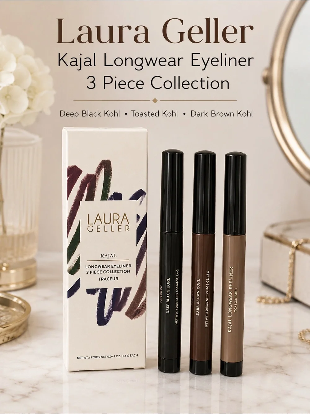 Laura Geller Kajal Longwear Eyeliner 3 Piece Collection- black, brown & toasted